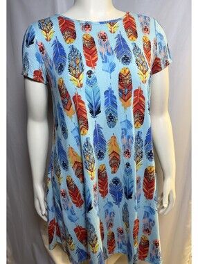 Jamie & Layla Feather Print Swing Dress Blue Multicolor Short Sleeve Medium